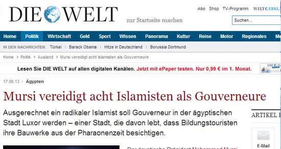 Die Welt: Morsy appointed a terrorist as Luxor's governor!